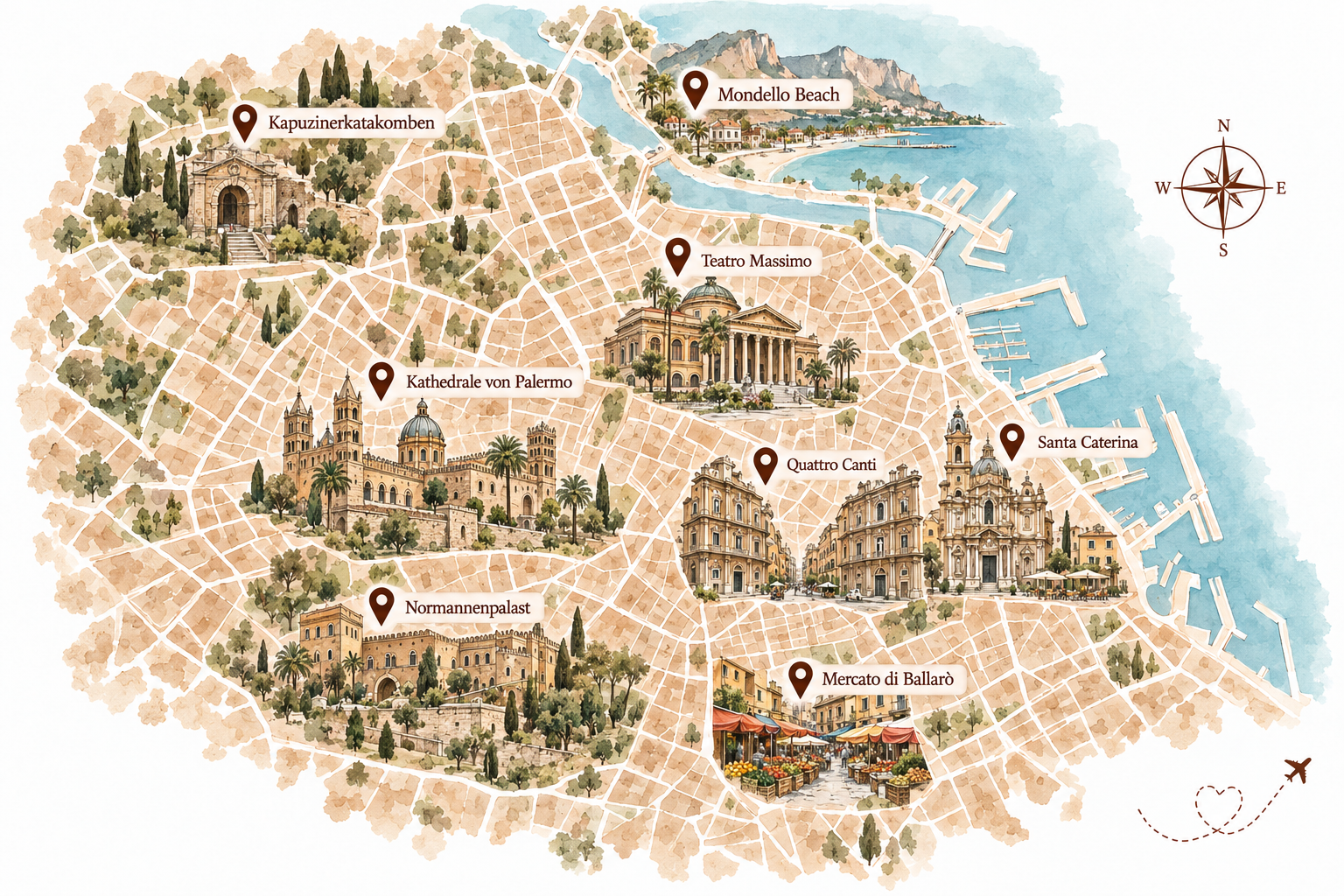 Illustrative Karte von Palermo mit unseren besuchten Sehenswürdigkeiten